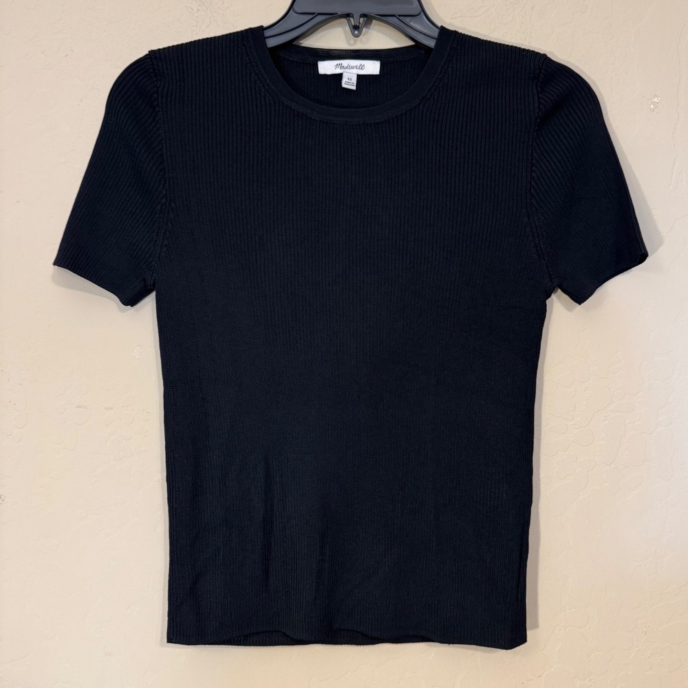 Madewell Short Sleeve Top XS Black Ribbed Knit Crewneck Stretch NQ337